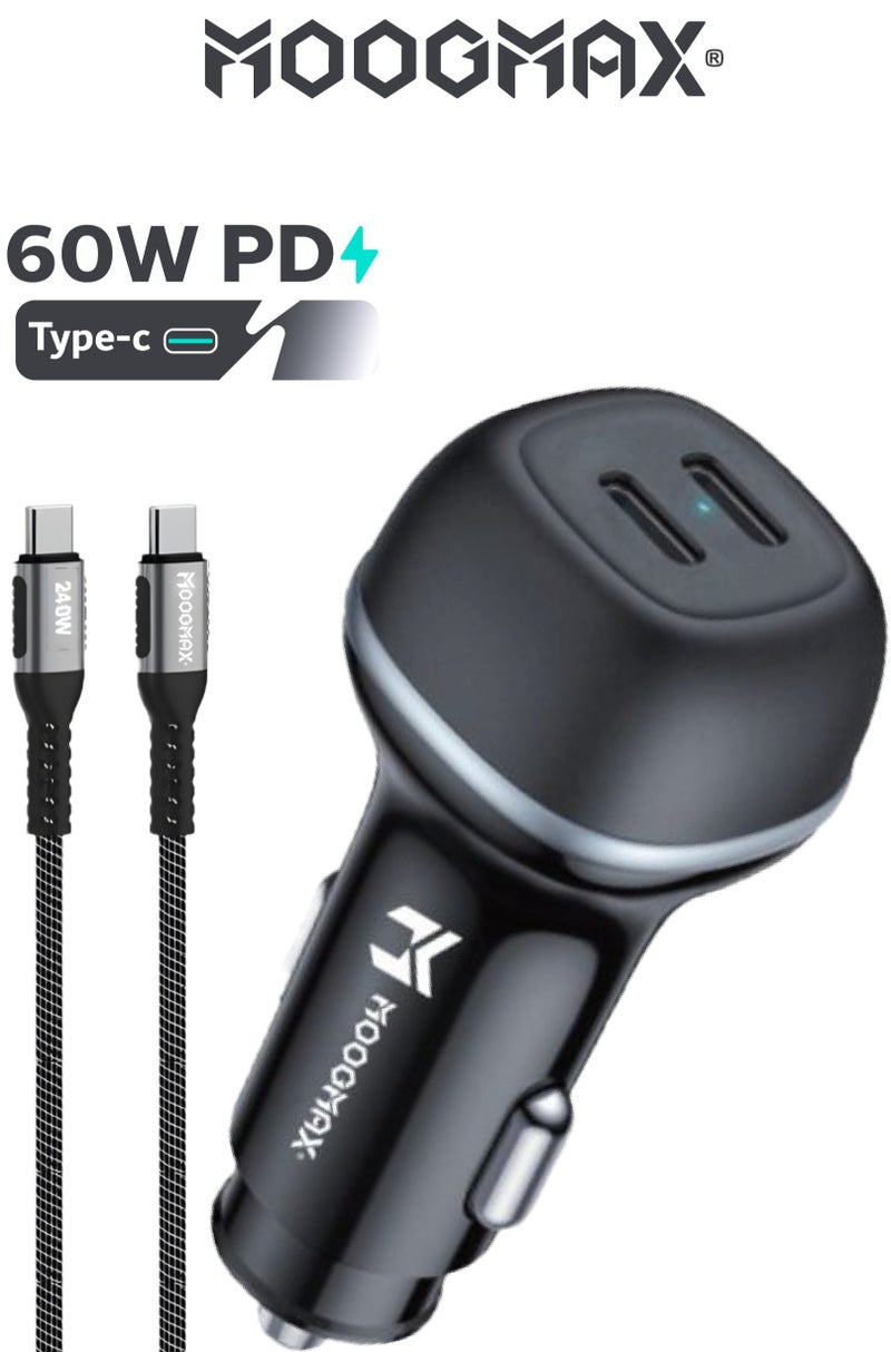 موجماكس شاحن سيارة مع كابل شحن. شاحن يتميز بسرعة شحن حتى 60 واط موزعة على منفذي تايب سي تدعم الشحن السريع PD، كيبل شحن من القماش تايب سي الى تايب سي يدعم الشحن السريع ونقل البيانات حتى 240 واط لشحن. شاحن قوي ويدعم جميع الهواتف الذكية، ومزود بدائرة حماية من الشحن الزائد. - Image 1